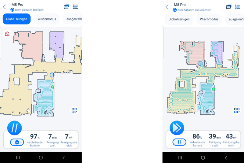 Reinigungsfahrt des Proscenic M8 PRO wird auf der Karte in der App angezeigt.